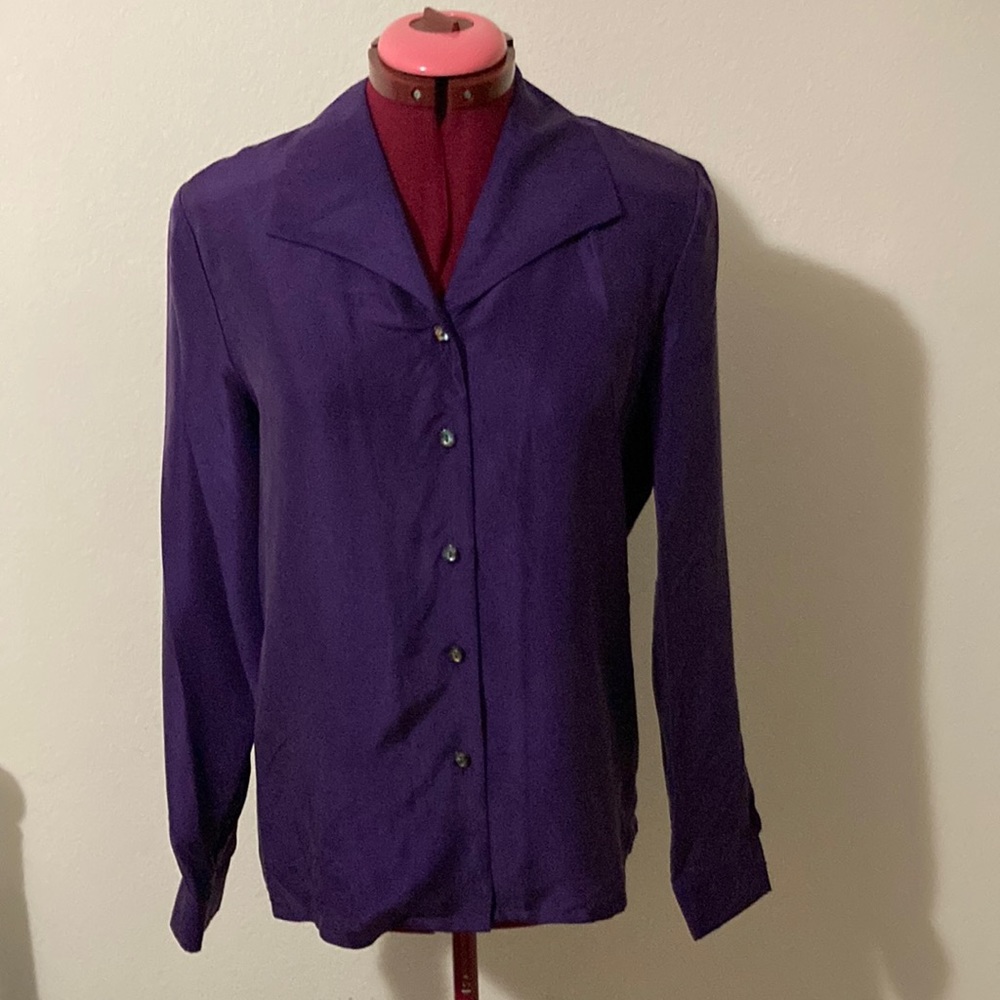 NWT SOLILOQUY 100% SILK vintage long sleeves purple/plum blouse, shoulder pads